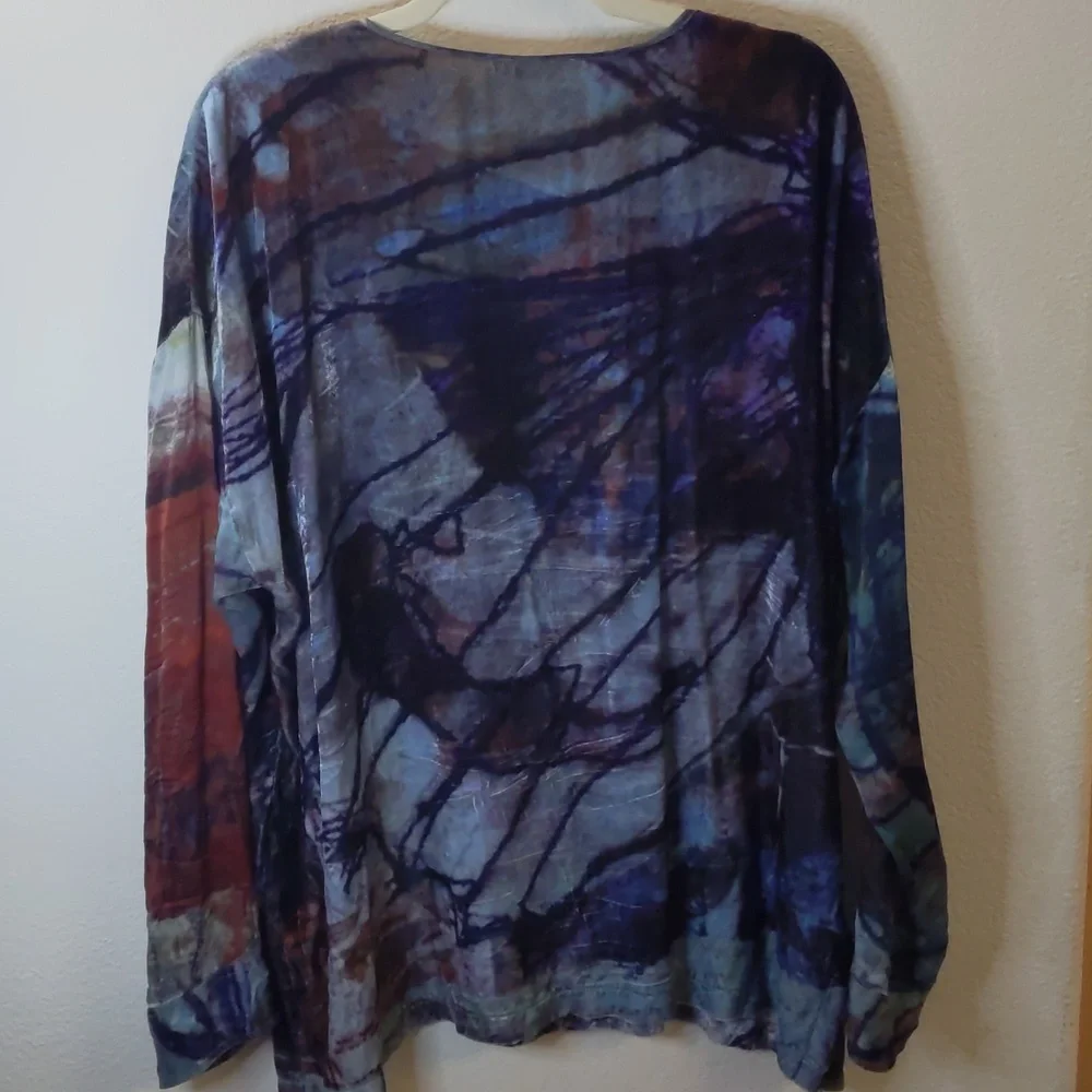 Johnny Was Velvet Blouse Silk Sleeves Boho Lagenlook Dark Oversized Fall L - Picture 6 of 7